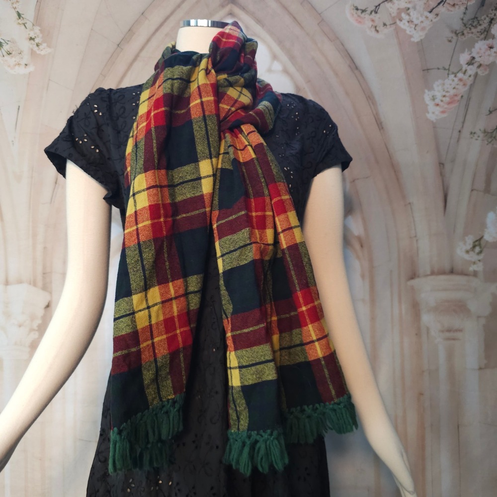 Vintage 1970s Plaid Scarf Wrap Green Red Yellow Tartan Fringe Wool Shawl